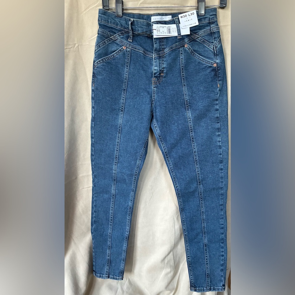 Topshop Denim Skinny Jeans in Medium Blue with Front Seams